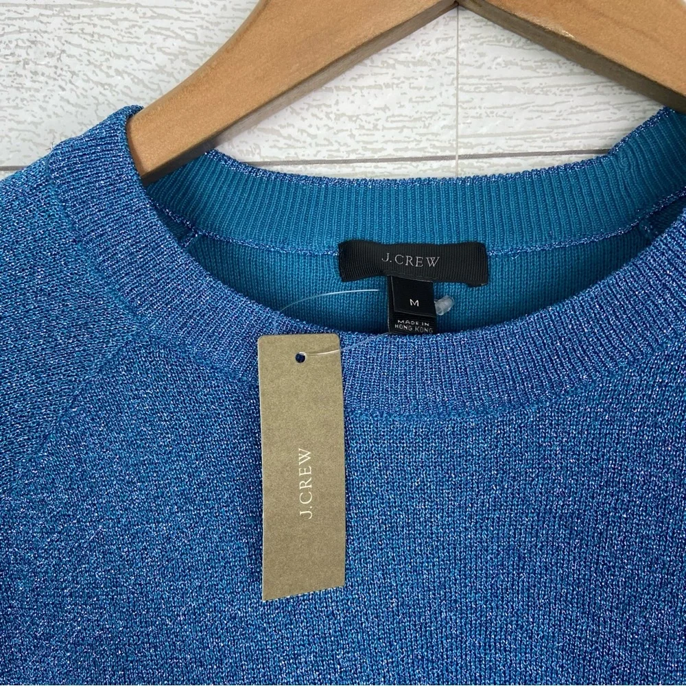 NWT JCREW Blue Sparkle Shimmer Side Slit Crew Sweater Metallic Medium New